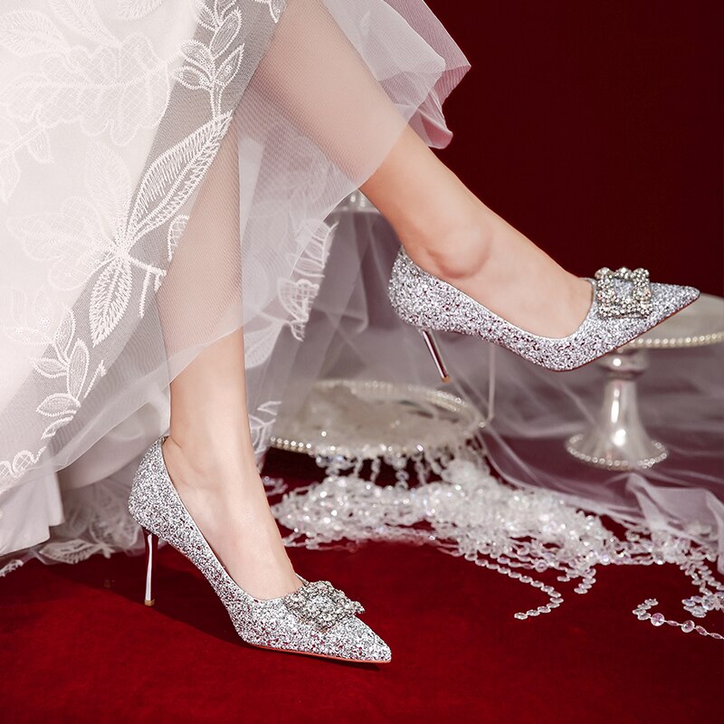 Advbridge French Wedding Shoes Wear Princess Crystal Shoes Female High-heeled Diamond Bridesmaid Wedding Bride Shoes Thin Heels