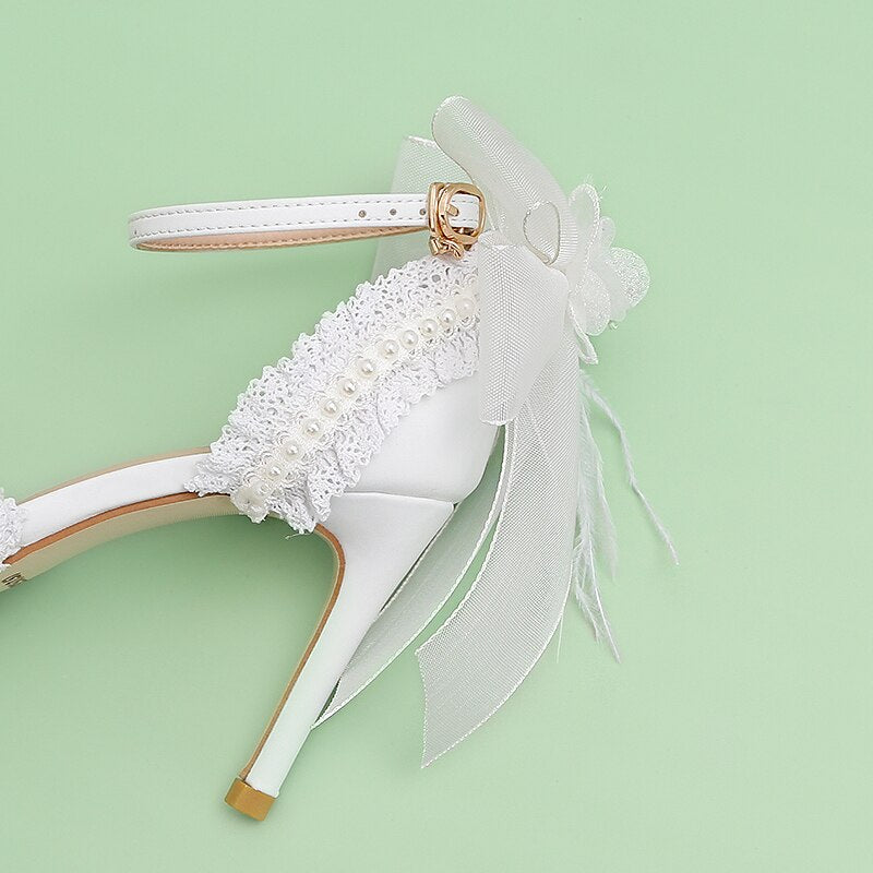 Advbridge French Elegant Bride Lolita Lace Bowknot Pearl Point Baotou Sandals One Word Flower Wedding Lo Wedding Shoes