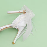 Advbridge French Elegant Bride Lolita Lace Bowknot Pearl Point Baotou Sandals One Word Flower Wedding Lo Wedding Shoes