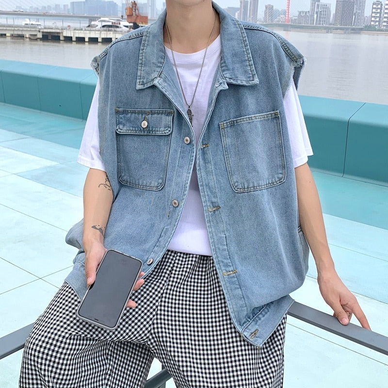 Advbridge Blue Denim Vest Men's Fashion Vintage Pocket Vest Men Japanese Streetwear Hip-hop Loose Sleeveless Jackets Mens Denim Jacket