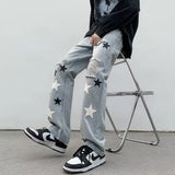 Advbridge High Street Hip Hop Pants for Men Washed American Retro Star Patchwork Ripped Jeans Spring and Autumn Male Casual Streetwear New