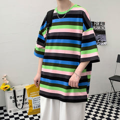 Advbridge Contrast Color Striped Casual T-shirt Men All-match Fashion Loose Top Classic Five-point Sleeves O-neck Men's Clothes Oversize