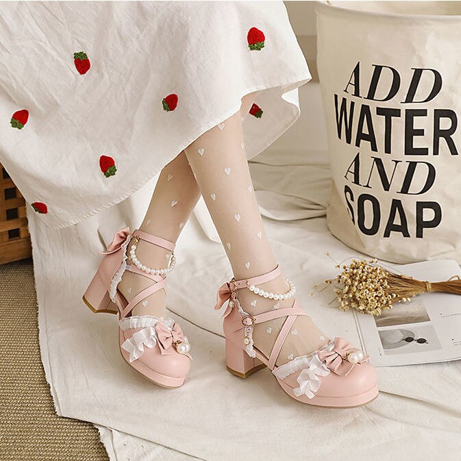 Advbridge Female Spring Anime Maid Cosplay Lolita Sandals Women's Heeled Shoes Vintage Bow High Heels Leather Princess Platform Shoe