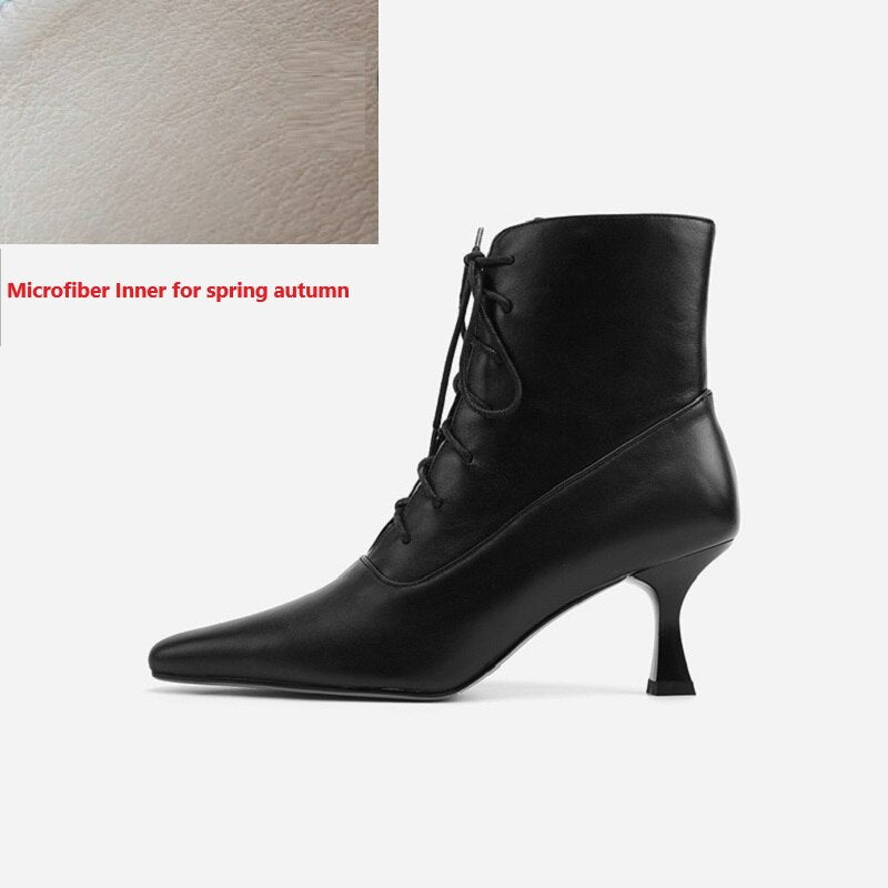 Advbridge Woman Ankle BootsThin Heel Shoes Lace-Up Winter Boots Korea Style Women Shoes On Heel 6.5 CM Cowhide Ladies Shoes Pointed Toe