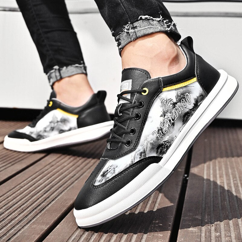 Advbridge Men Leather Shoes Lace Up Mens Casual Shoes Fashion Sneakers Men Shoes Graffiti Personalized Men's Shoes