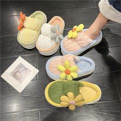 Advbridge Med Flower Home Slippers Women's Female Shoes Winter Footwear Fur Flip Flops Slides Platform Massage  Flat Plush Floral Cott