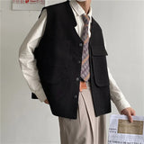 Advbridge Spring Autumn Fashion Men's Sloid Cool Boy Casual Loose Safari Style Tess Button Vest Jacket Pocket Versatile