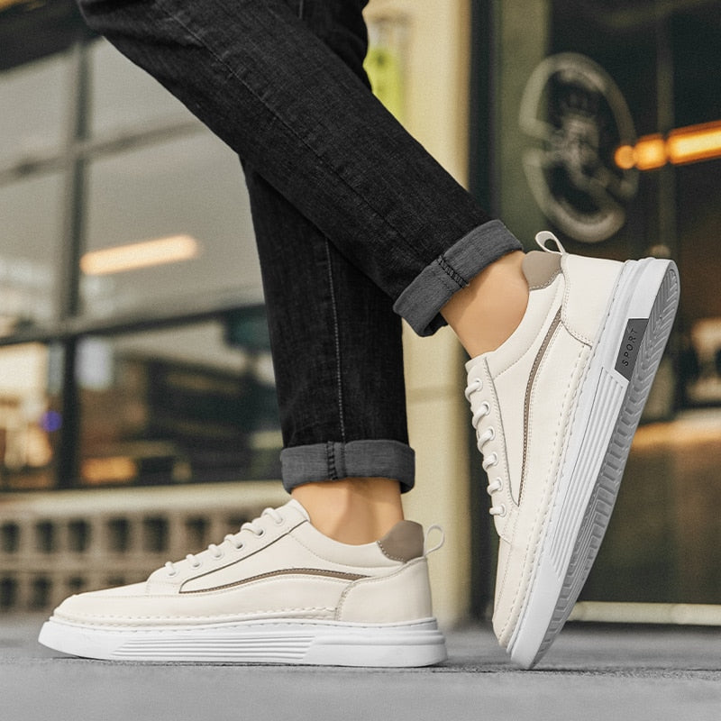Advbridge Fashion Mens Casual Shoes Simple Leather Men Sneakers Youth Teenage Vulcanize Shoes Comfortable Male Skateboard Footwear Lace-Up
