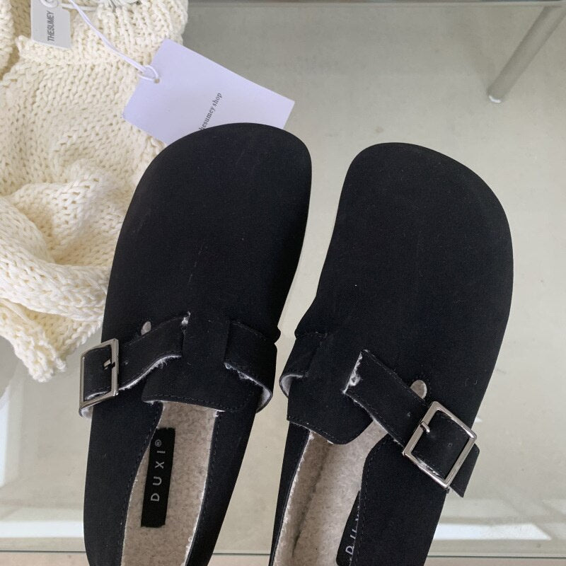 Advbridge Retro Square Toe Single Shoes Women Fashion New Autumn and Winter Plus Velvet Warm and Comfortable Cotton Shoes Women