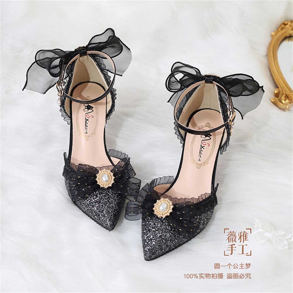 Advbridge Summer Girls Grey Starry Sky Pearl Bowknot Lolita Shoes Sweet Girls Tea Party Victoria Princess Kawaii Loli Cosplay Lolita Shoes