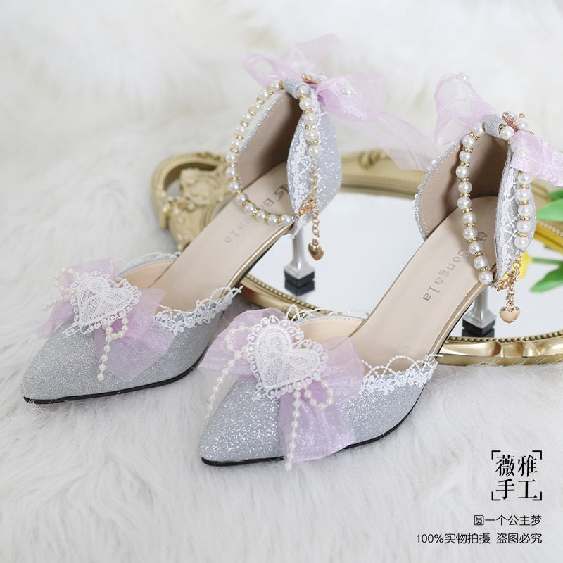 Advbridge Kawaii Girl Tea Party Elegant Pearl Love Lace Bowknot Lolita Shoes Multicolor Exquisite Embroidery Pointed Sandals Cosplay Lolit