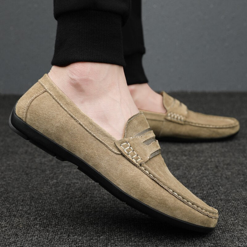 Advbridge Spring Summer Suede Men Loafers Comfortable Flat Casual Shoes Men Breathable Slip-On Soft Genuine Leather Driving Shoes Moccasin