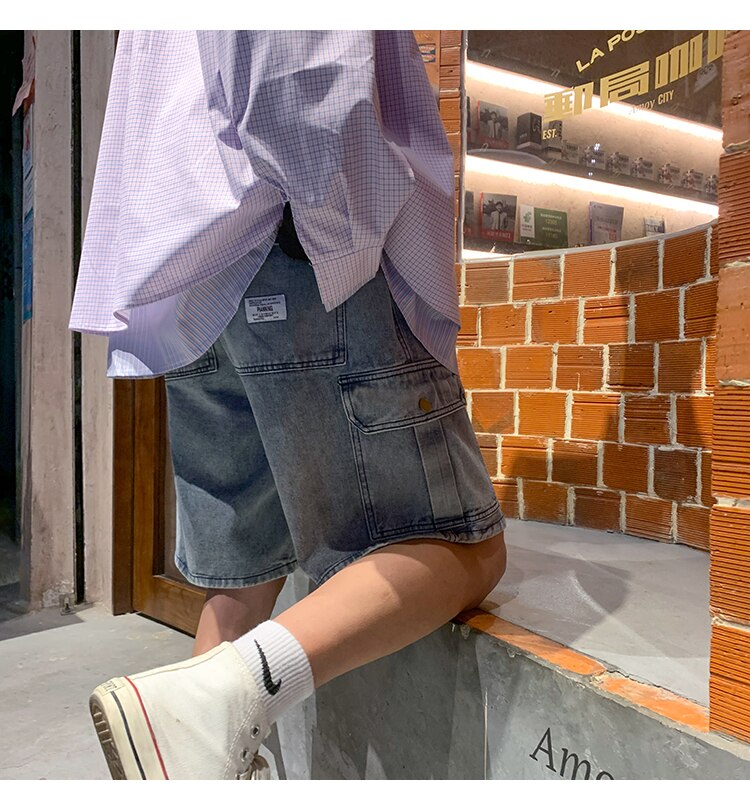 Advbridge Mens Patchwork Color Denim Shorts Streetwear Bermuda Male Multi-Pockets Casual Half Jean Summer Fashion Cargo Shorts Men