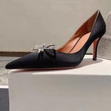 Advbridge Silk Pointed Toe Women Pumps Shallow Black High -Heeled Shoes Rhinestone Butterfly Knot Office Lady Casual Shoes Spring Autumn