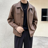 Advbridge Men's Fashion High Quality Solid Color Leather Jacket  Autumn Casual Turn-down Collar Button Coat