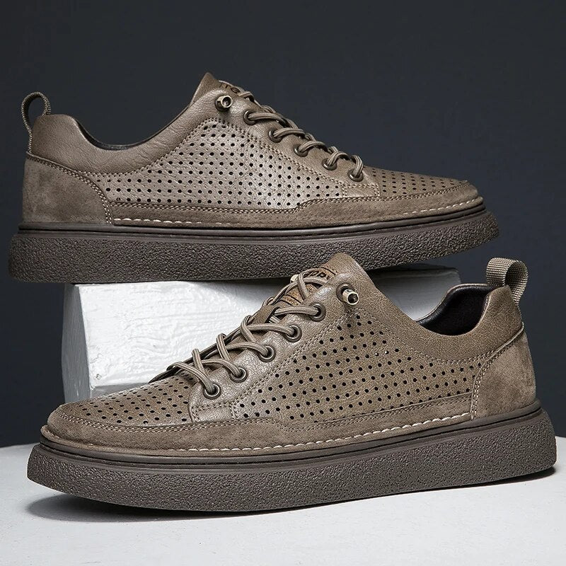 Advbridge Hollow Out Men Casual Shoes Genuine Leather Sneakers Breathable Lace Up Footwear Comfort Man Skate Shoes Outdoor Vulcanize Shoes