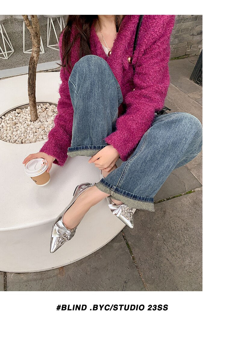 Advbridge 2023 new Spring women pumps natural leather 22-24.5cm length cowhide+pigskin pointed toe crystal  bowknot shoes for women