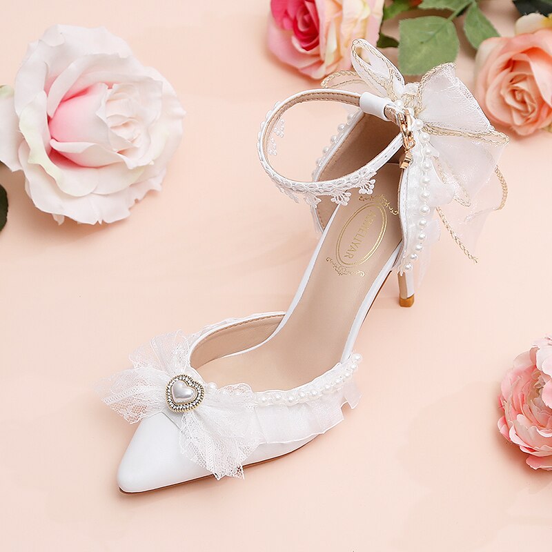 Advbridge Pure White Lace Bowknot Lolita Straight Line Sandals with Hollow High Heels Sweet Flower Wedding Lo Bridesmaid Wedding Shoes