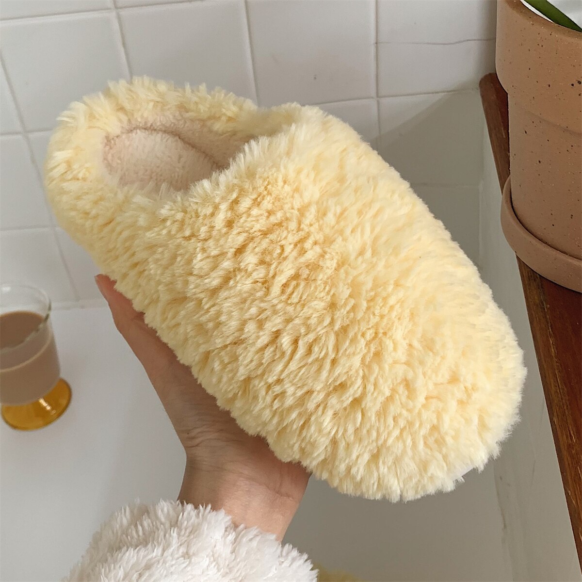 Advbridge Japanese Simple Solid Color House Slippers For Women Girls Cute Fluffy Winter Warm Home Slippers Woman Fur Shoes
