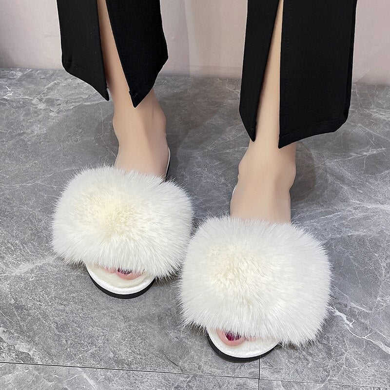 Advbridge Winter Fur Slippers Home Women Indoor Furry Soft Fluffy Plush Platform Flat Cotton Slippers Luxury Designer Slides House Shoes