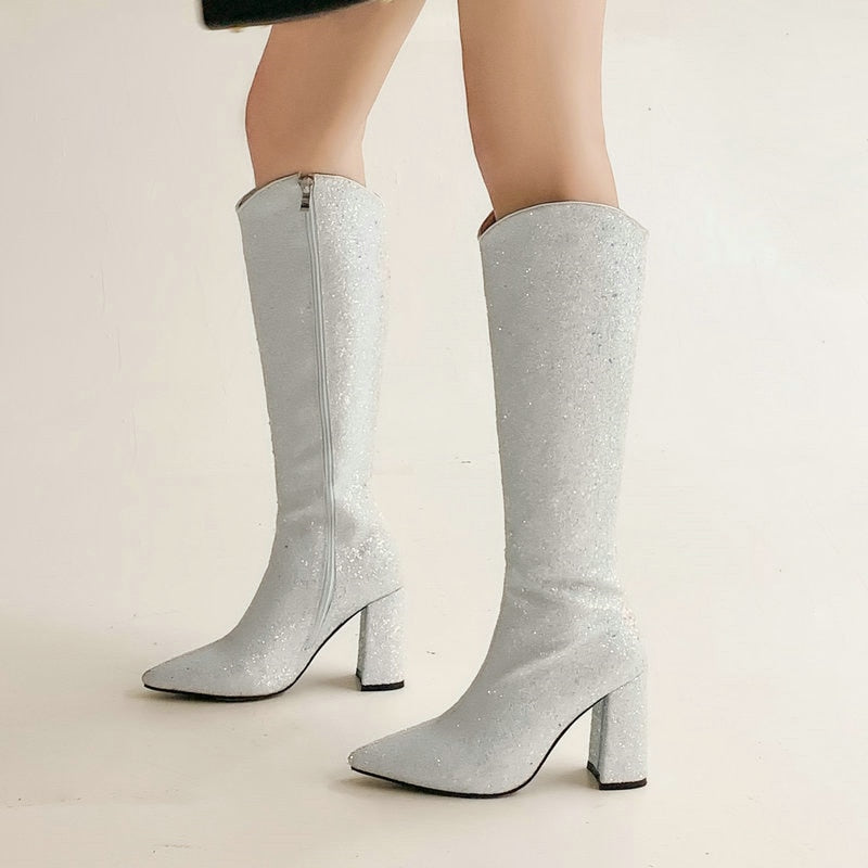 Advbridge Women Knee High Boots Square High Heel Pointed Toe Ladies Calf Boots Sequin Cloth Side Zipper Dress Women's Boots Big Size