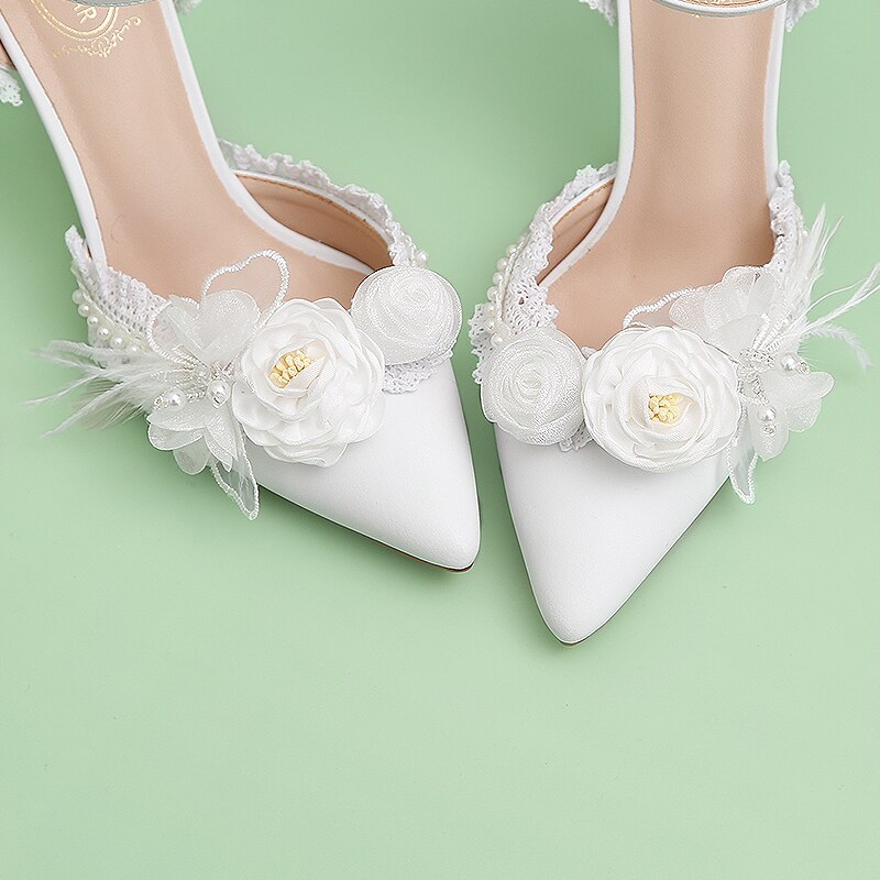 Advbridge French Elegant Bride Lolita Lace Bowknot Pearl Point Baotou Sandals One Word Flower Wedding Lo Wedding Shoes