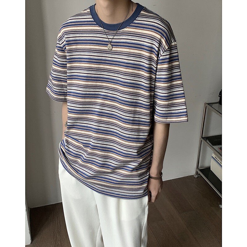 Advbridge Summer Men's Korean Loose Stripe Printing T-shirts Short Sleeve Round Neck Tshirt Green/blue Color Clothes T Shirts M-2XL