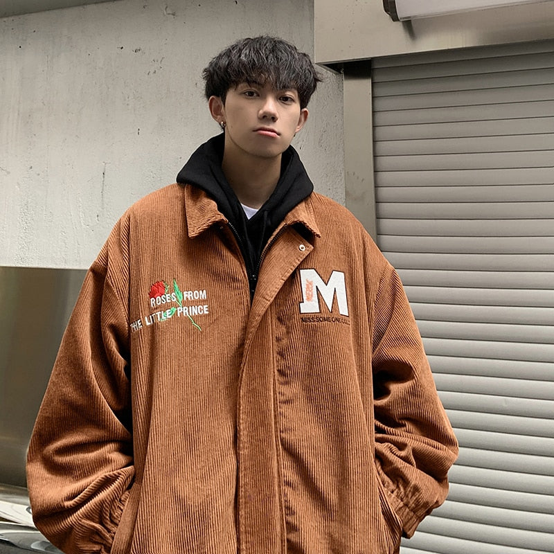 Advbridge Corduroy Retro Vintage Letterman M Embroidery Men Coaches Jacket Unisex Women Oversize  Baseball Varsity Bomber Streetwear Chic