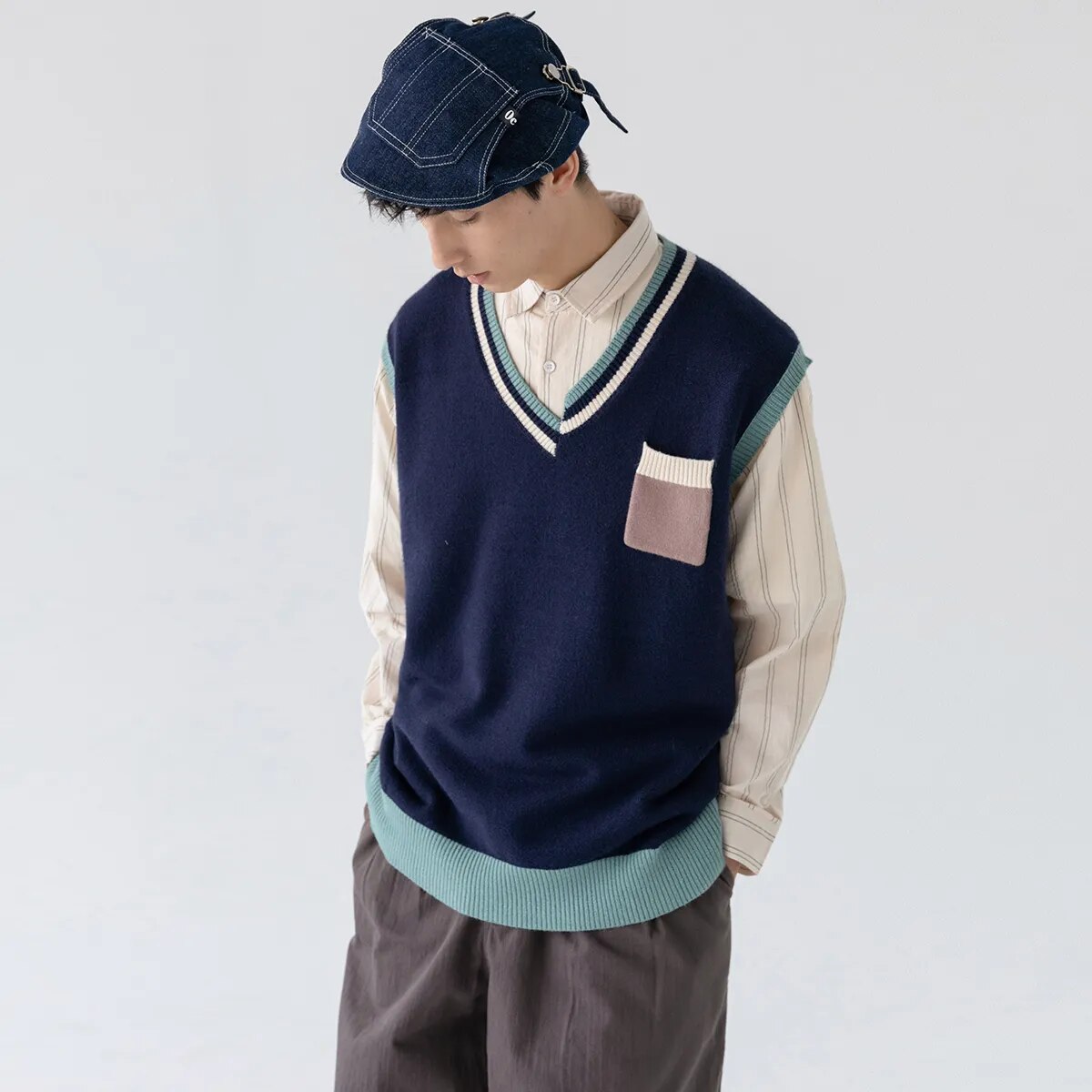 Advbridge Y2k College Knitted Vest Sweaters Men Minority color contrast vest for men and women winter Japanese Vintage Sweater Vest