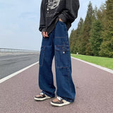 Advbridge Blue Baggy Cargo Jeans Men Fashion Oversized Pocket Jeans Mens Japanese Streetwear Hip-hop Loose Straight Denim Trousers Men