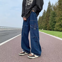 Advbridge Blue Baggy Cargo Jeans Men Fashion Oversized Pocket Jeans Mens Japanese Streetwear Hip-hop Loose Straight Denim Trousers Men