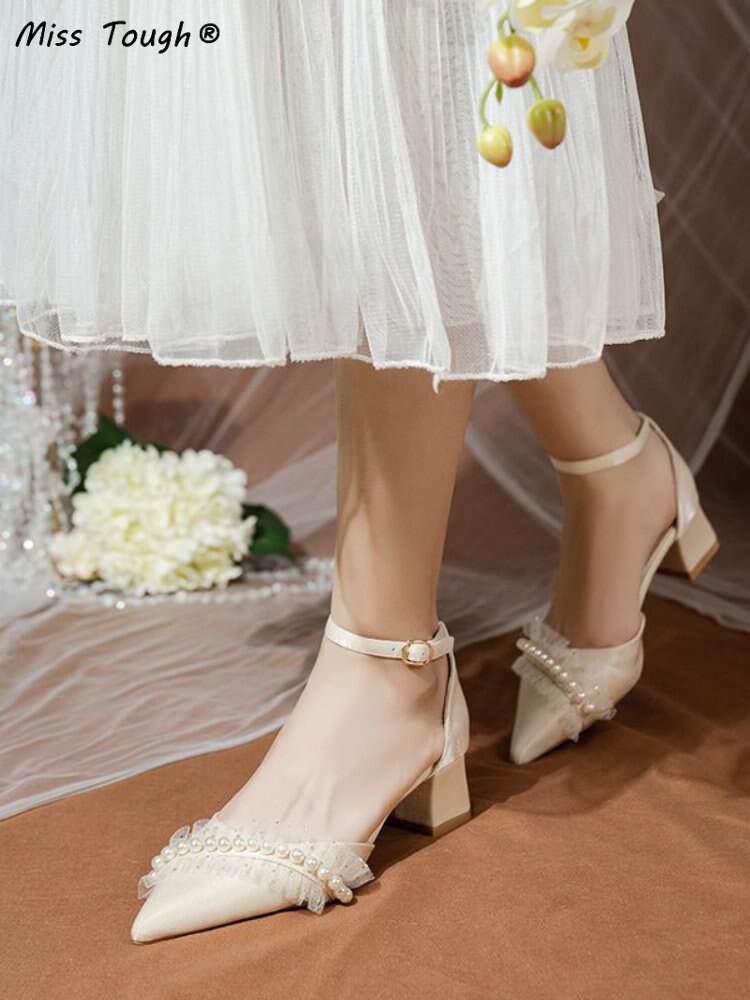 Advbridge Elegant Wedding Shoes Women Korean Style Pearl Ankle Strap Chic Bridal Shoes Female Satin Casual Medium Heels Shoes Autumn