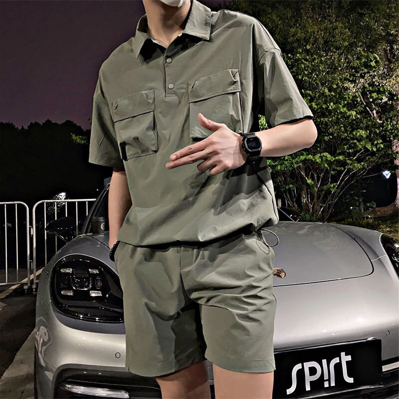 Advbridge Summer 2 Piece Set Short Sleeve Polo Shorts Army Green Big Pocket Men's Sports Suit Casual Social Street Wear Men Sets Clothing