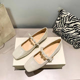 Advbridge Square Toe Pearl One Word with Mary Jane Shoes Women's New Suede Shallow Mouth Comfortable Flat Shoes