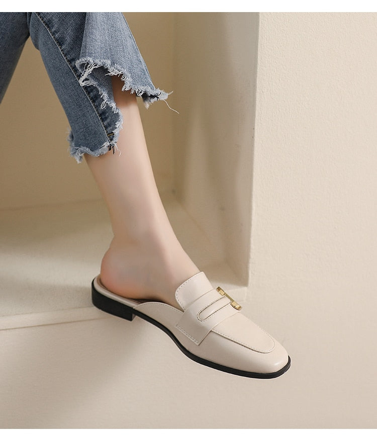 Advbridge spring new women's mules Outerwear slippers fashion mules metal design british style Flat casual shoes banquet and office