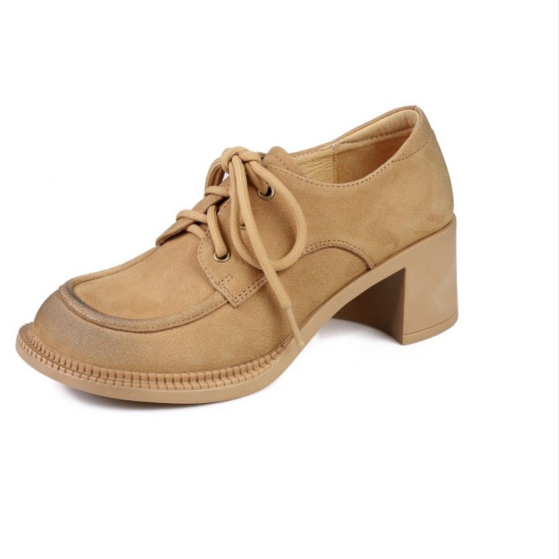 Advbridge Ladies Loafers 5.5 CM Spring Autum Lac-Up Simple Shoes On Thick Square HeelWomen Retro Pump Cowhide Big Toe Pumps British Style