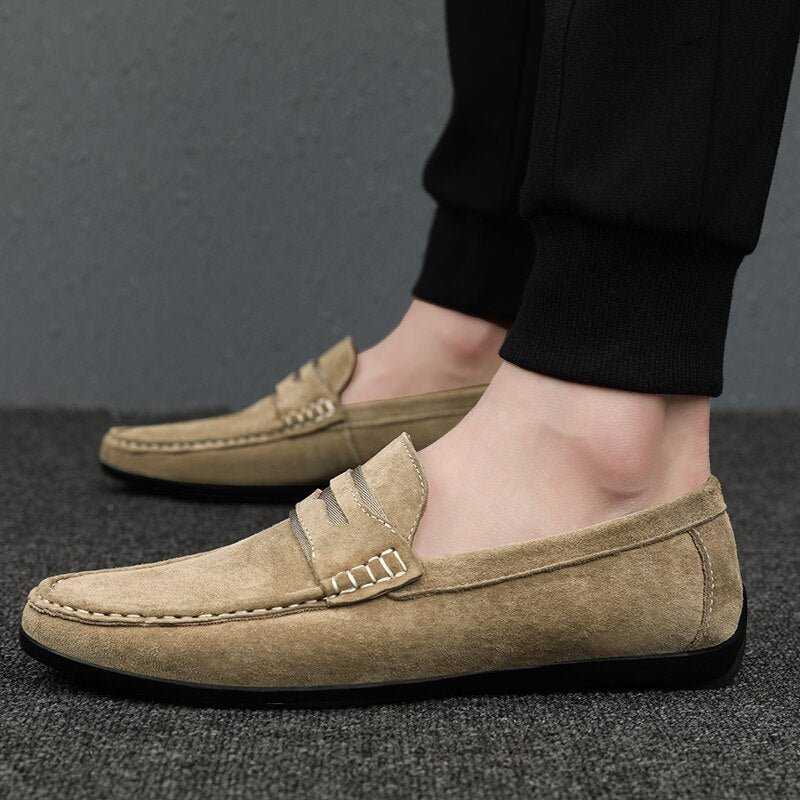 Advbridge Spring Summer Suede Men Loafers Comfortable Flat Casual Shoes Men Breathable Slip-On Soft Genuine Leather Driving Shoes Moccasin