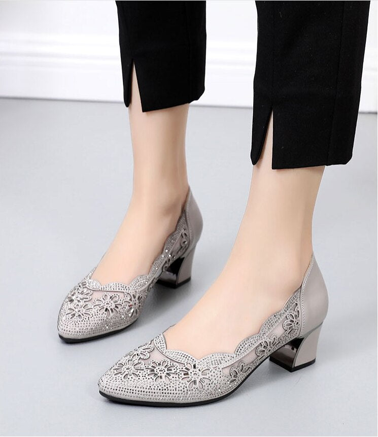 Advbridge Summer Fashion Hollow Out Genuine Leather Pumps Women Shoes Med Heels Square Diamond Mesh Ladies Office  Crystal Pointshoes