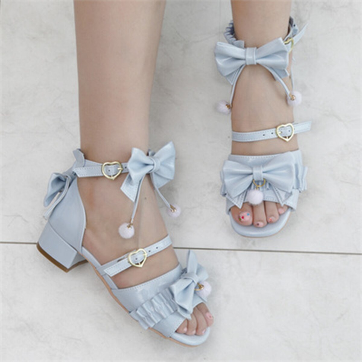 Advbridge Japanese Sweet Style Cosplay Lolita Girls Shoes Kawaii Lolita Bare Toes Bow Hair Ball Buckle Straps 3.8cm Low Heel PU Shoes