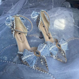 Advbridge Retro Court Style Elegant Cosplay Lolita Tea Party Girl Blue Gem Pearl Lace Bow Strap 8.5cm Flower Wedding High Heeled Shoes