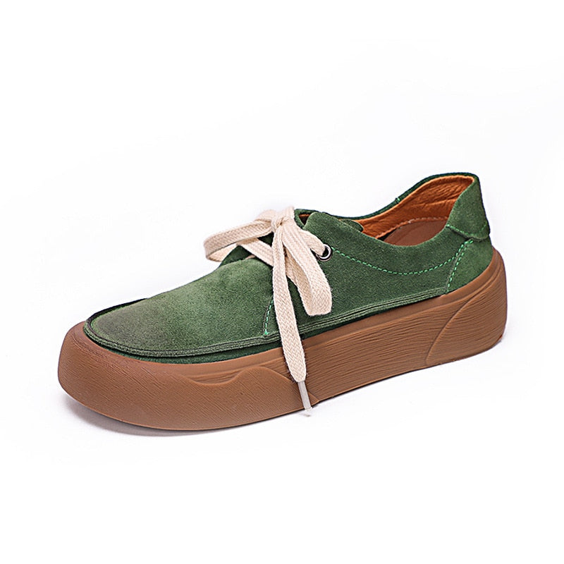 Advbridge Genuine Leather Round Toe Flats Shoes For Women Lace Up Green Plush Warm Thick Heel Platform Ladies Shoes Four Seasons