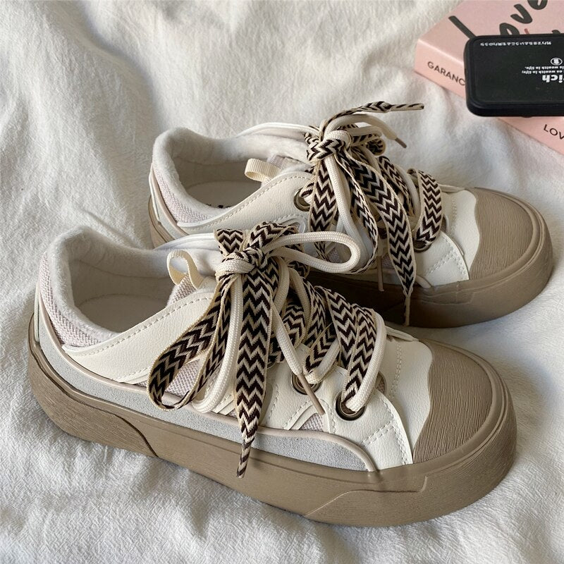 Advbridge INS Brand Leather Sneakers For Women 2023 Platform Beige Chunky Woman Sports Sneakers Casual Lace Up Flats Ladies Sneakers Brown