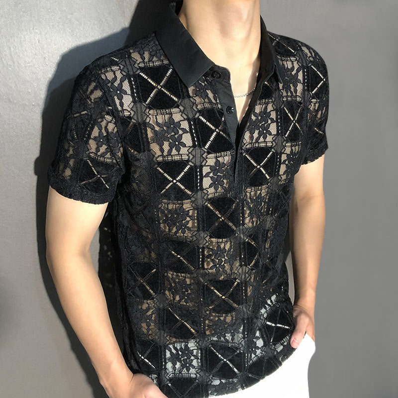 Advbridge Summer Luxury Abstract Geometric Pattern Transparent Shirt Short Sleeve See Through Button Up Shirt Men Camicia Uomo Black Shirt