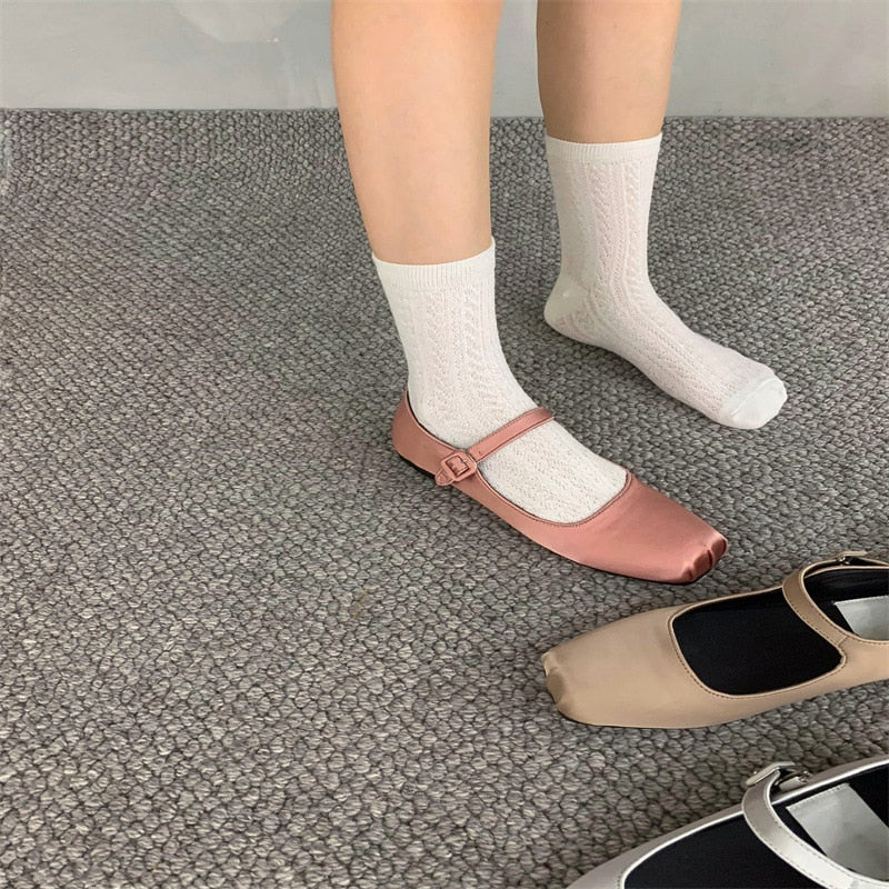 Advbridge 2023 NEW Classic Silk Ballet Shoes Buckle Strap Ballet Shoes Women Square Toe Simple Women Flats Elegant Valentine Shoes