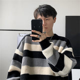 Advbridge Autumn Winter Men's Sweaters Casual Streetwear O-neck Striped Print Tops Loose Knit Sweater Male