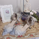 Advbridge Pearl Chain Sweet Lace Bowknot Elegant Princess  Pointed Sandals Lolita Shoes Silver Wedding Tea Party Cosplay Lolita Shoes