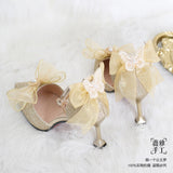 Advbridge French Girl Butterfly Multicolor Lace Bowknot Pearl Sequin Lolita Shoes Pointed Sandals High Heel Victoria Tea Party Cosplay Lol