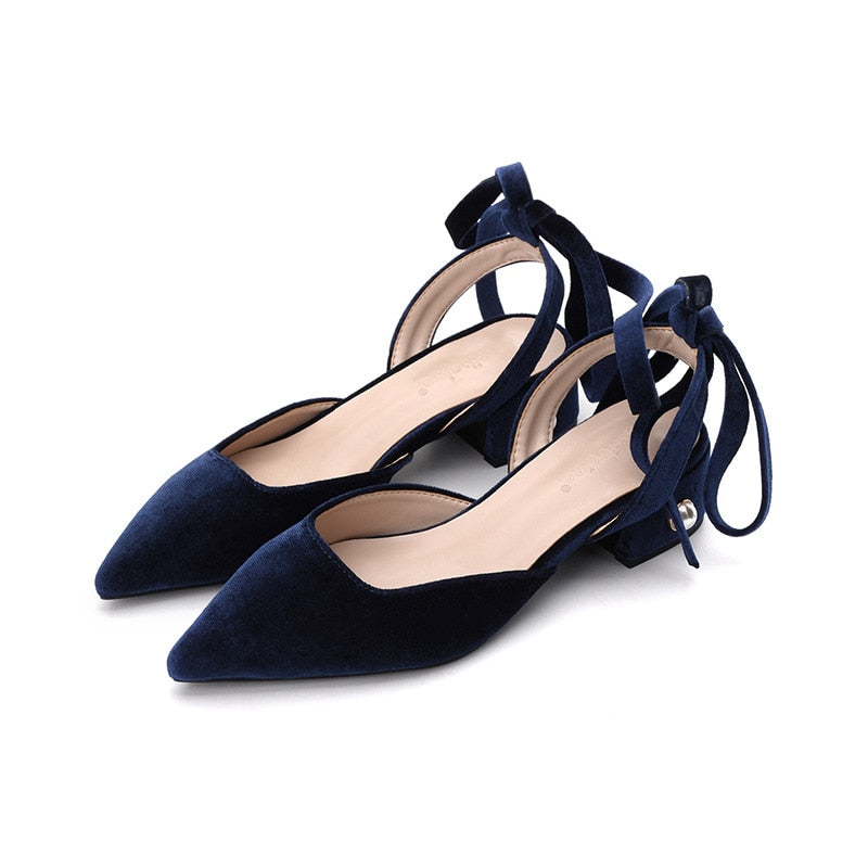 Advbridge Sweet Pink Royal Blue Black Velvet Pearl Studs Heels Banage Pumps Mary Jane Ballet Shoes Med Heels Princess Shoes