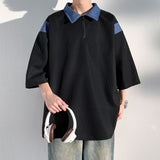 Advbridge Denim Patchwork Waffle Polo Shirts for Teenage Fashion Trends Oversized Streetwear Mens Loose Fit Golf Tees Casual Pullover Tops