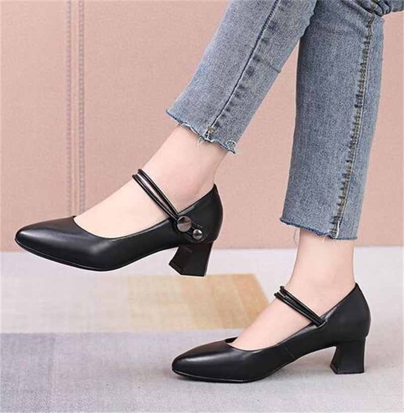 Advbridge  High-quality Cowhide Pointed Shallow Mouth Women Pumps Thick Heel Shoes Work Office Banquet Leather Shoes Large Size